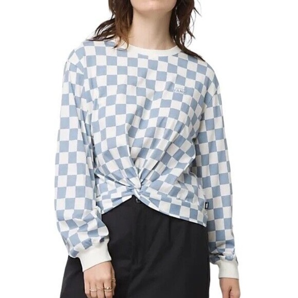 VANS Off The Wall Tee Knotty Long Sleeve Checkered Print  Blue T-Shirt Small - Picture 1 of 2